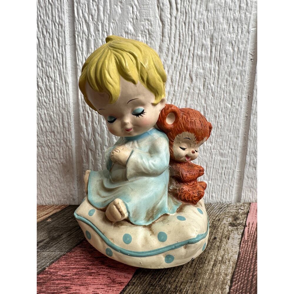Vintage Berman & Anderson Music Box Child And Teddy Bear Plays Go To Sleep Japan
